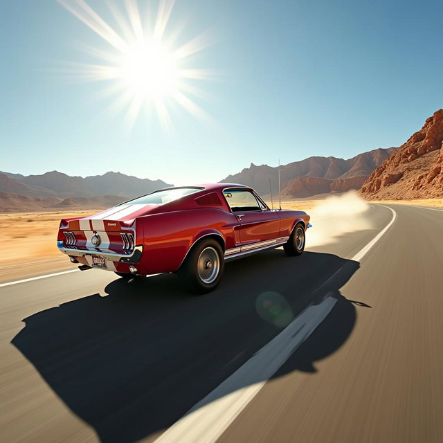 A roaring 1967 Ford Mustang Fastback in bright red with white racing stripes, speeding across a long desert highway under the blazing midday sun