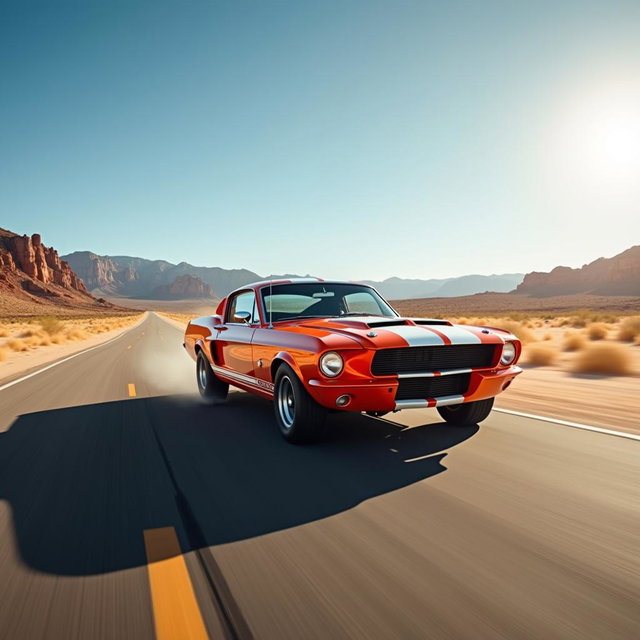 A roaring 1967 Ford Mustang Fastback in bright orange with white racing stripes, speeding across a long desert highway under the blazing midday sun