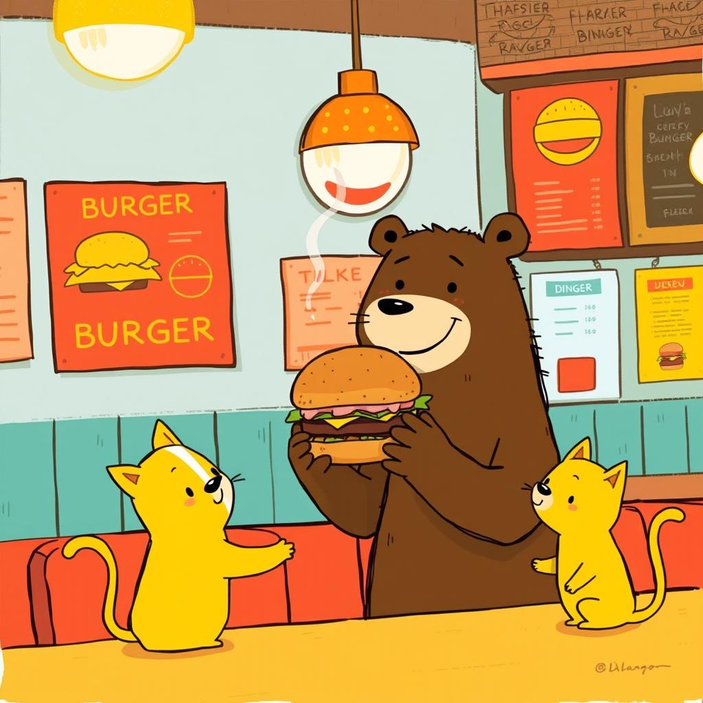 In a hamburger shop, a smiling brown bear is handing a delicious, steaming hamburger to an adorable little yellow cat, embodying the whimsical and playful style of Jon Klassen