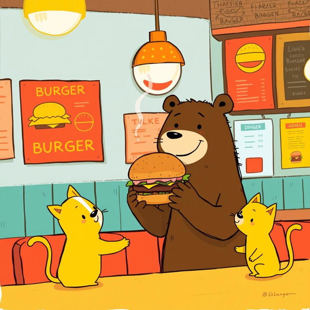 In a hamburger shop, a smiling brown bear is handing a delicious, steaming hamburger to an adorable little yellow cat, embodying the whimsical and playful style of Jon Klassen