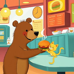 In a hamburger shop, a smiling brown bear is handing a delicious, steaming hamburger to an adorable little yellow cat, embodying the whimsical and playful style of Jon Klassen