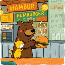 In a hamburger shop, a smiling brown bear is handing a delicious, steaming hamburger to an adorable little yellow cat, embodying the whimsical and playful style of Jon Klassen