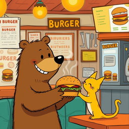 In a hamburger shop, a smiling brown bear is handing a delicious, steaming hamburger to an adorable little yellow cat, embodying the whimsical and playful style of Jon Klassen