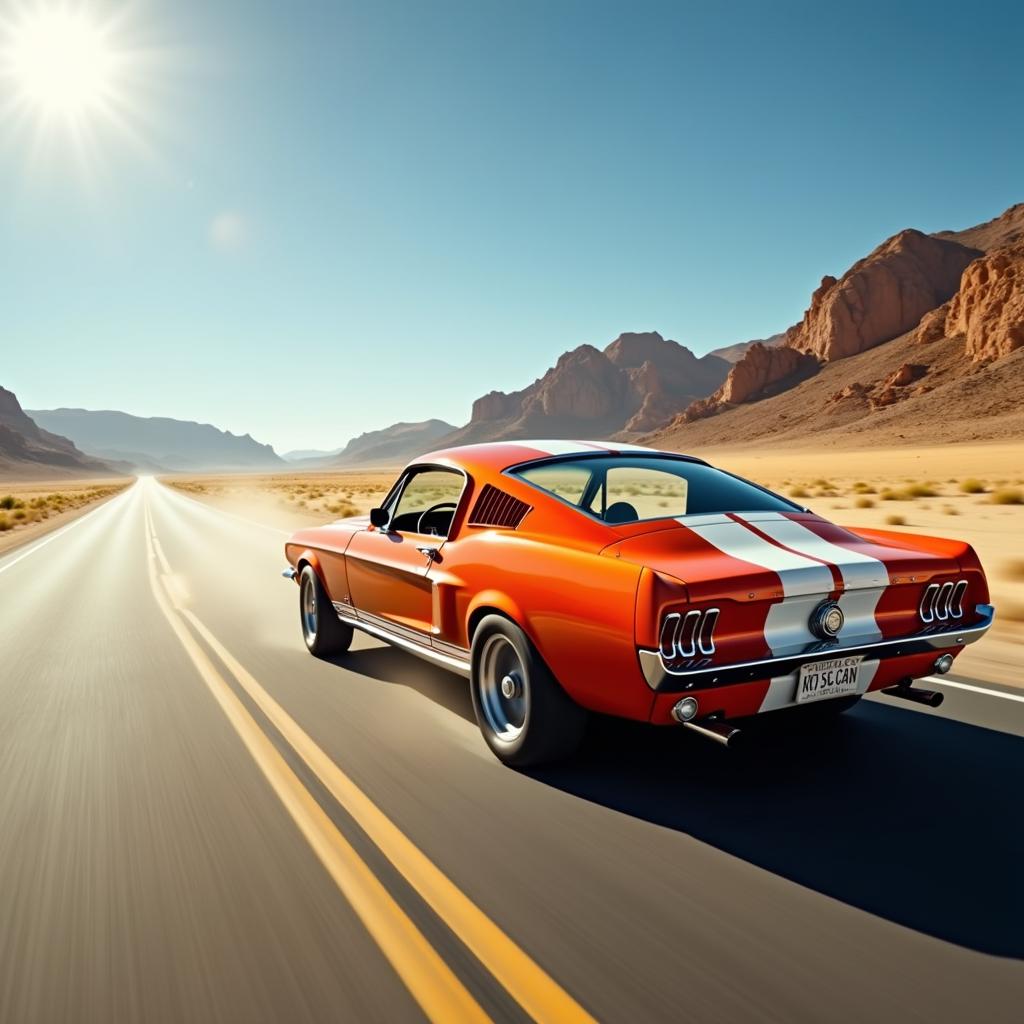 A roaring 1967 Ford Mustang Fastback in bright orange with white racing stripes, speeding across a long desert highway under the blazing midday sun