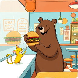 In a hamburger shop, a smiling brown bear is joyfully handing a mouthwatering, steaming hamburger to a cute little yellow cat, all illustrated in the distinctive style of Jon Klassen