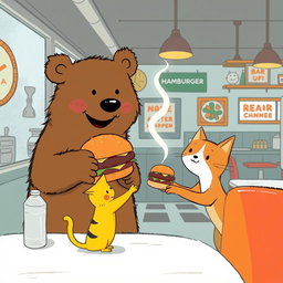 In a hamburger shop, a smiling brown bear is joyfully handing a mouthwatering, steaming hamburger to a cute little yellow cat, all illustrated in the distinctive style of Jon Klassen
