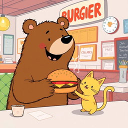 In a hamburger shop, a smiling brown bear is joyfully handing a mouthwatering, steaming hamburger to a cute little yellow cat, all illustrated in the distinctive style of Jon Klassen