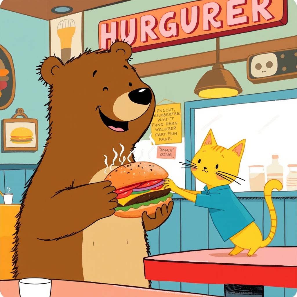 In a hamburger shop, a smiling brown bear is joyfully handing a mouthwatering, steaming hamburger to a cute little yellow cat, all illustrated in the distinctive style of Jon Klassen