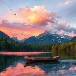 a serene landscape featuring a tranquil lake surrounded by lush green forests and majestic mountains in the background during sunset, the sky painted in shades of pink, orange, and purple, with a few fluffy clouds, a small wooden boat gently floating on the lake's surface reflecting the beautiful colors of the sunset, and a hint of wildlife such as birds in the sky and fish jumping in the water, evoking a peaceful and calming atmosphere