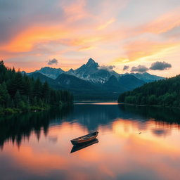 a serene landscape featuring a tranquil lake surrounded by lush green forests and majestic mountains in the background during sunset, the sky painted in shades of pink, orange, and purple, with a few fluffy clouds, a small wooden boat gently floating on the lake's surface reflecting the beautiful colors of the sunset, and a hint of wildlife such as birds in the sky and fish jumping in the water, evoking a peaceful and calming atmosphere