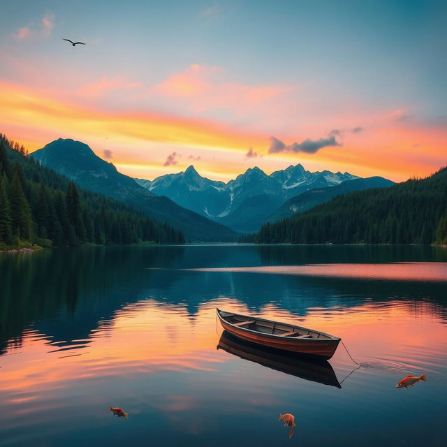 a serene landscape featuring a tranquil lake surrounded by lush green forests and majestic mountains in the background during sunset, the sky painted in shades of pink, orange, and purple, with a few fluffy clouds, a small wooden boat gently floating on the lake's surface reflecting the beautiful colors of the sunset, and a hint of wildlife such as birds in the sky and fish jumping in the water, evoking a peaceful and calming atmosphere