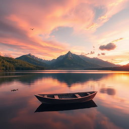 a serene landscape featuring a tranquil lake surrounded by lush green forests and majestic mountains in the background during sunset, the sky painted in shades of pink, orange, and purple, with a few fluffy clouds, a small wooden boat gently floating on the lake's surface reflecting the beautiful colors of the sunset, and a hint of wildlife such as birds in the sky and fish jumping in the water, evoking a peaceful and calming atmosphere