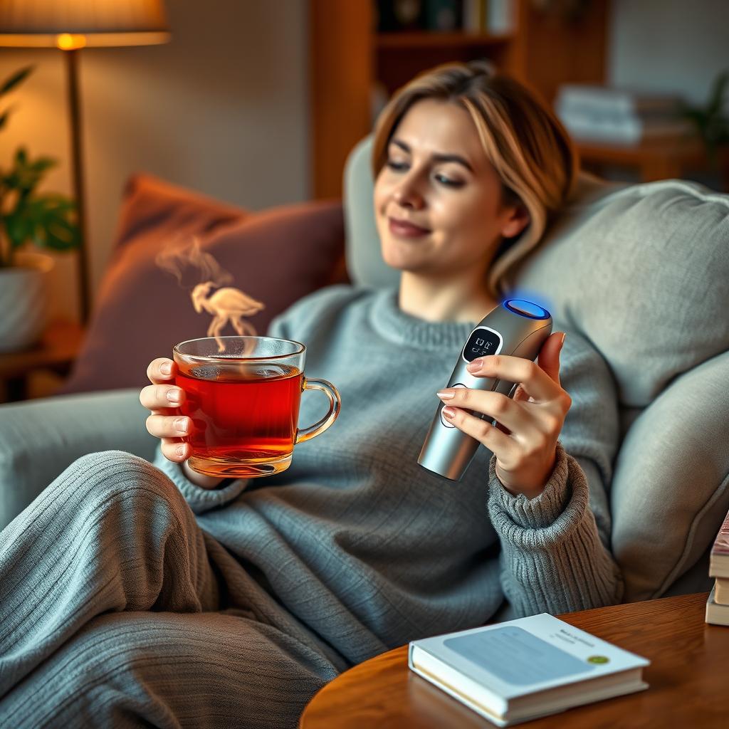 A person sitting comfortably at home, with a steaming cup of tea beside them, holding a Power Cure laser therapy device in their hand