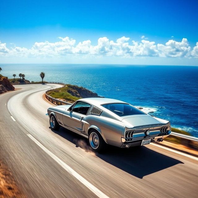 A sleek silver 1967 Ford Mustang Fastback racing along a winding coastal highway with the deep blue ocean stretching endlessly to the horizon