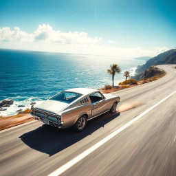 A sleek silver 1967 Ford Mustang Fastback racing along a winding coastal highway with the deep blue ocean stretching endlessly to the horizon