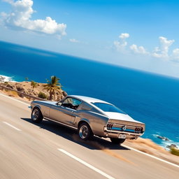 A sleek silver 1967 Ford Mustang Fastback racing along a winding coastal highway with the deep blue ocean stretching endlessly to the horizon