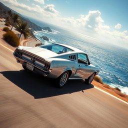A sleek silver 1967 Ford Mustang Fastback racing along a winding coastal highway with the deep blue ocean stretching endlessly to the horizon
