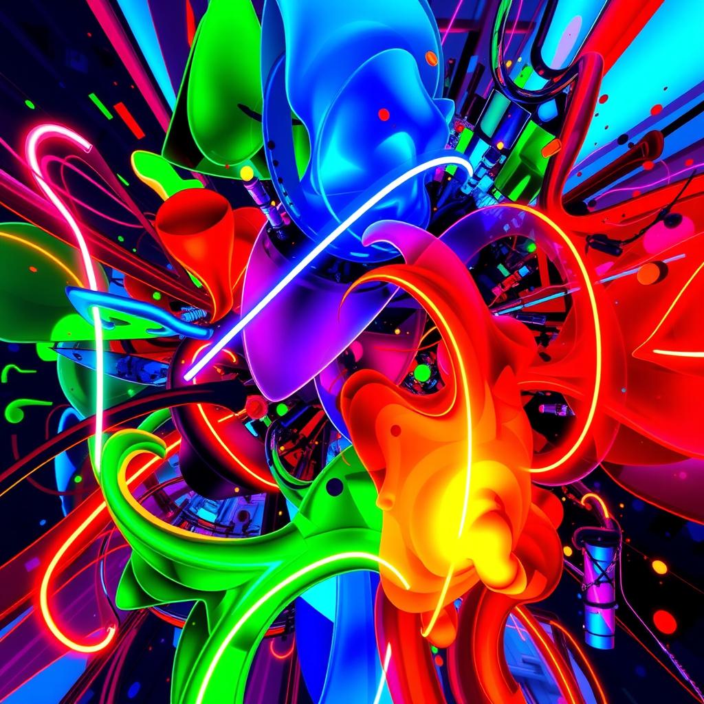 A vibrant abstract composition featuring reversed neon colors such as bright blue, deep green, striking red, and orange