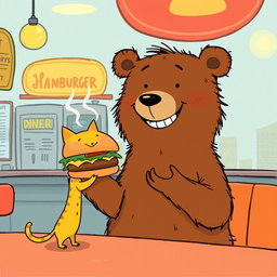 In a hamburger shop, a cheerful smiling brown bear is holding out a delicious, steaming hamburger to a cute little yellow cat, illustrated in the charming and unique style of Jon Klassen