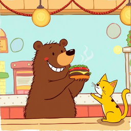 In a hamburger shop, a cheerful smiling brown bear is holding out a delicious, steaming hamburger to a cute little yellow cat, illustrated in the charming and unique style of Jon Klassen