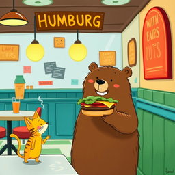 In a hamburger shop, a cheerful smiling brown bear is holding out a delicious, steaming hamburger to a cute little yellow cat, illustrated in the charming and unique style of Jon Klassen