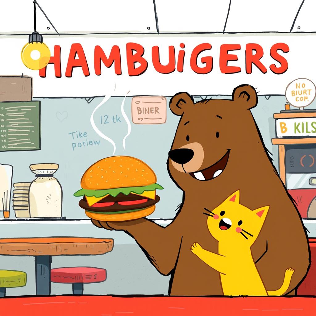 In a hamburger shop, a cheerful smiling brown bear is holding out a delicious, steaming hamburger to a cute little yellow cat, illustrated in the charming and unique style of Jon Klassen