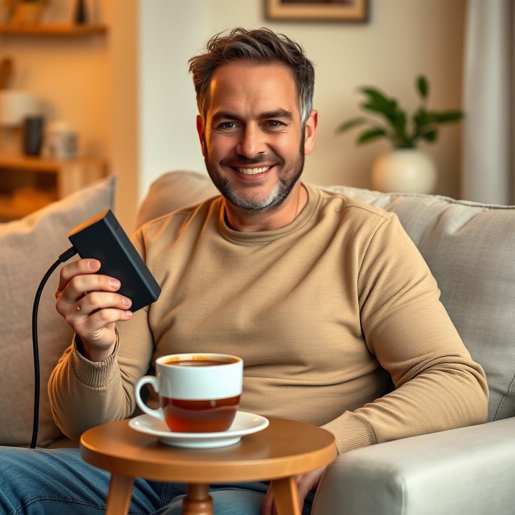 A man sitting comfortably in his home, a steaming cup of tea beside him on a small table