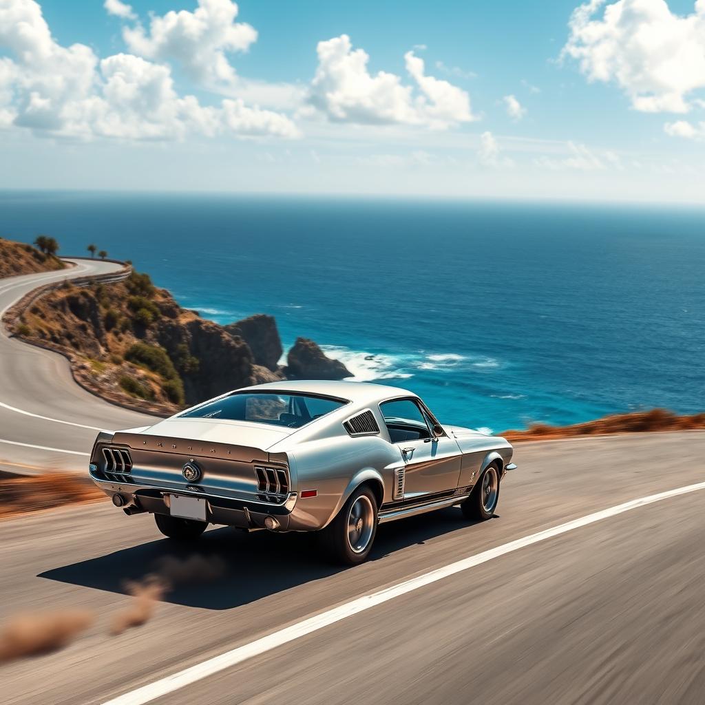 A sleek silver 1967 Ford Mustang Fastback racing along a winding coastal highway with the deep blue ocean stretching endlessly to the horizon