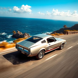 A sleek silver 1967 Ford Mustang Fastback racing along a winding coastal highway with the deep blue ocean stretching endlessly to the horizon