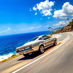 A sleek silver 1967 Ford Mustang Fastback racing along a winding coastal highway with the deep blue ocean stretching endlessly to the horizon
