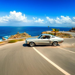 A sleek silver 1967 Ford Mustang Fastback racing along a winding coastal highway with the deep blue ocean stretching endlessly to the horizon