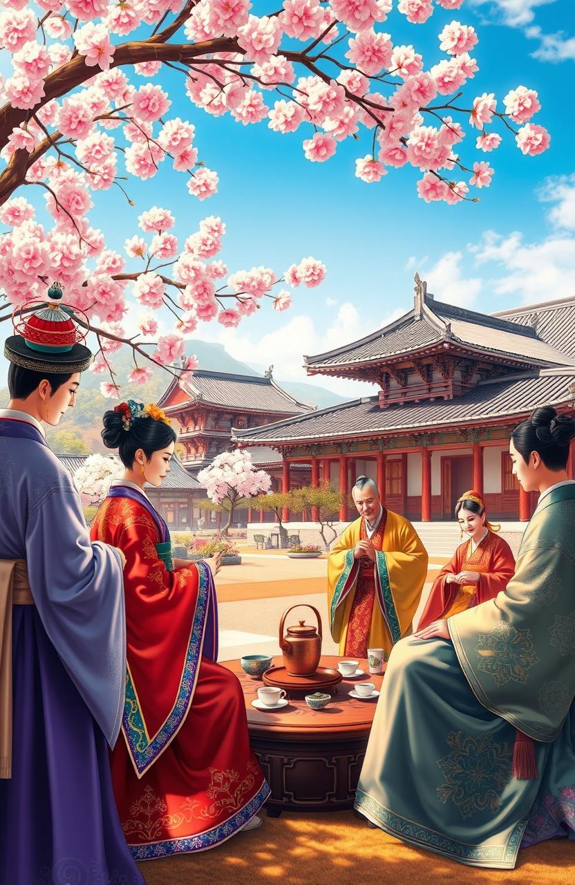 A vibrant and detailed depiction of a royal court scene from a Korean dynasty, showcasing traditional attire, elaborate royal palaces, and beautiful garden landscapes