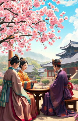 A vibrant and detailed depiction of a royal court scene from a Korean dynasty, showcasing traditional attire, elaborate royal palaces, and beautiful garden landscapes