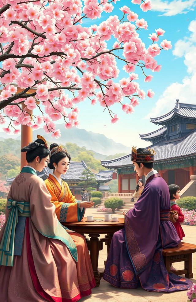 A vibrant and detailed depiction of a royal court scene from a Korean dynasty, showcasing traditional attire, elaborate royal palaces, and beautiful garden landscapes