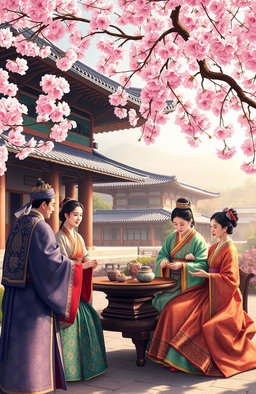 A vibrant and detailed depiction of a royal court scene from a Korean dynasty, showcasing traditional attire, elaborate royal palaces, and beautiful garden landscapes
