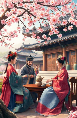 A vibrant and detailed depiction of a royal court scene from a Korean dynasty, showcasing traditional attire, elaborate royal palaces, and beautiful garden landscapes