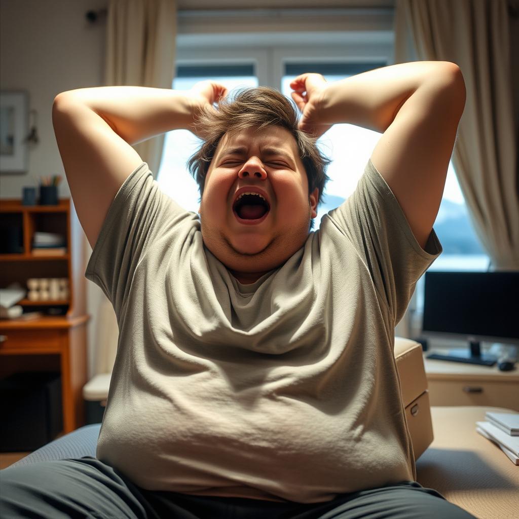 A chubby young man, frequently feeling sleepy, stifles a yawn while stretching his arms above his head