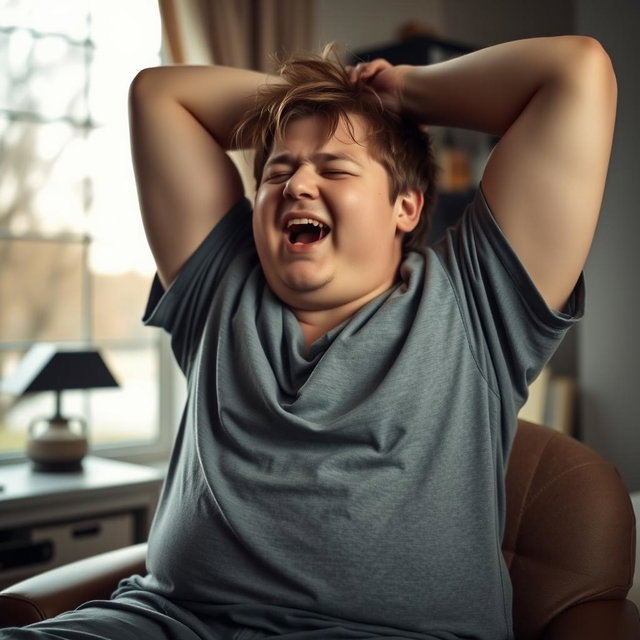 A chubby young man, frequently feeling sleepy, stifles a yawn while stretching his arms above his head