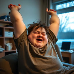 A chubby young man, frequently feeling sleepy, stifles a yawn while stretching his arms above his head