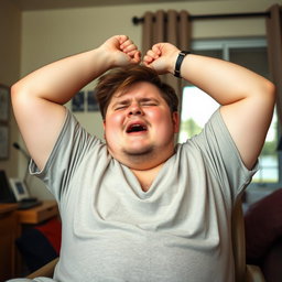 A chubby young man, frequently feeling sleepy, stifles a yawn while stretching his arms above his head