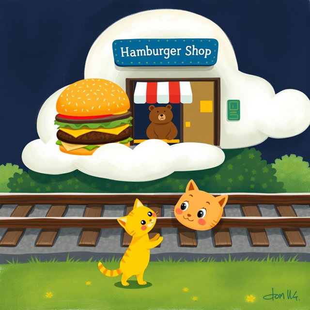 Beside the railway track, at a train station shaped like a cloud, there is a hamburger shop