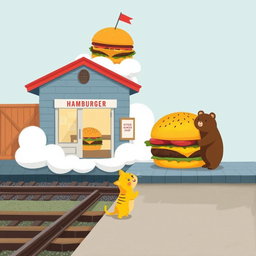 Beside the railway track, at a train station shaped like a cloud, there is a hamburger shop