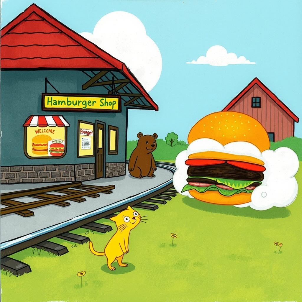 Beside the railway track, at a train station shaped like a cloud, there is a hamburger shop