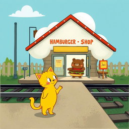 Beside the railway track, at a train station shaped like a cloud, there is a hamburger shop