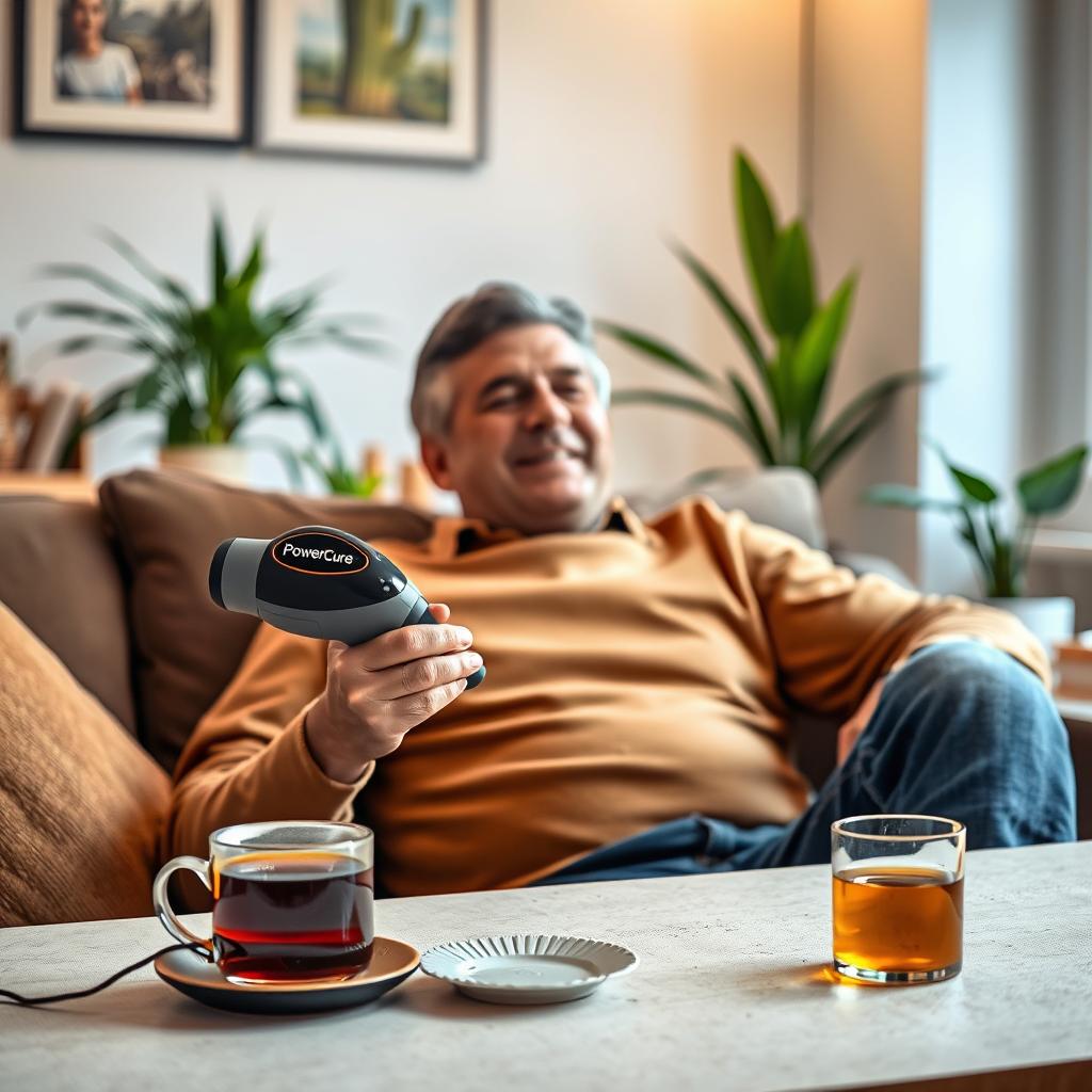 A man sitting comfortably at home, a cup of tea placed next to him on the table