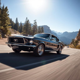 A bold black 1967 Ford Mustang Fastback carving through tight mountain roads at high speed, with the sun shining brightly above