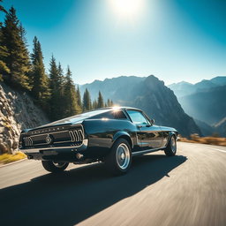 A bold black 1967 Ford Mustang Fastback carving through tight mountain roads at high speed, with the sun shining brightly above