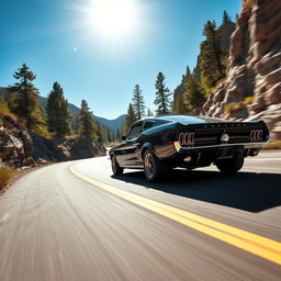 A bold black 1967 Ford Mustang Fastback carving through tight mountain roads at high speed, with the sun shining brightly above
