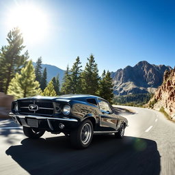 A bold black 1967 Ford Mustang Fastback carving through tight mountain roads at high speed, with the sun shining brightly above