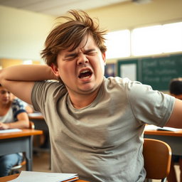 A chubby young man who often feels drowsy, stifling a yawn while stretching in a classroom setting